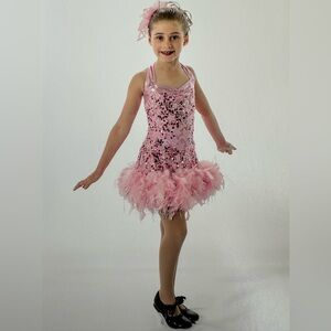 A WISH COME TRUE Girls Size 6X/7 Pink with Sequins & Feathers Dance Dress